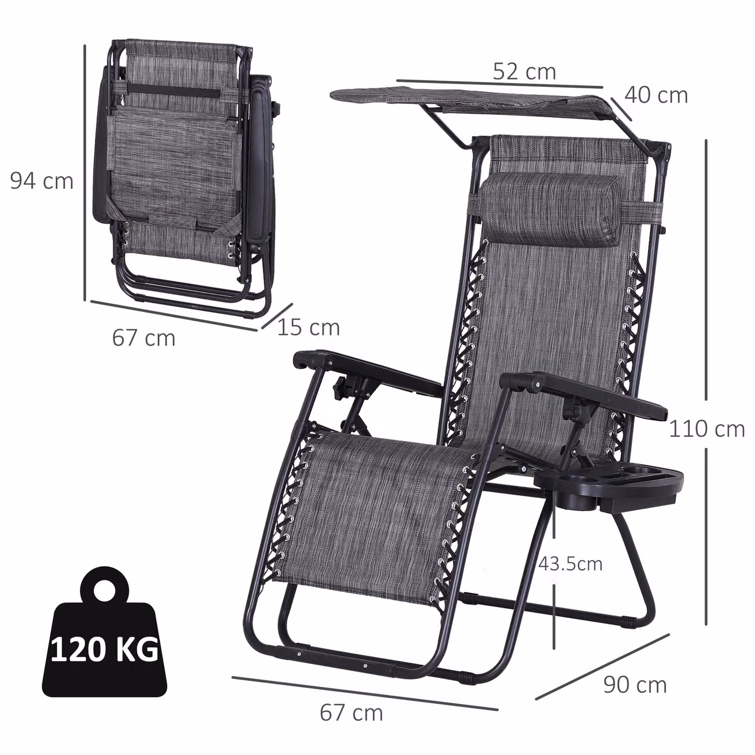 Outsunny Zero Gravity Folding Deck Chair in Grey with Sunshade, Cup Holder and Adjustable Headrest – 3