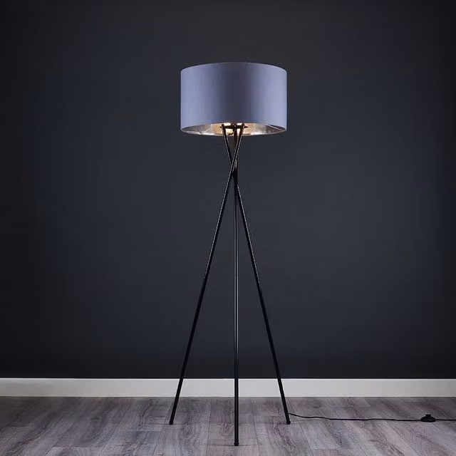 ValueLights Camden Modern Black Metal Tripod Floor Lamp with Grey and Chrome Cylinder Shade – 1
