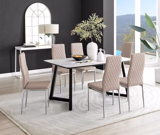 FurnitureboxUK Carson White Marble Effect Dining Table and 6 Milan Chrome Leg Chairs in Beige