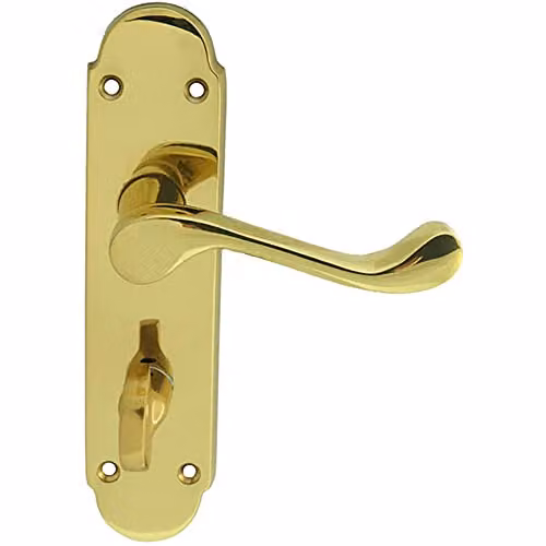 Loops Pair Victorian Upturned Lever Bathroom Door Handles on Backplate, Polished Brass, W: 170 mm, H: 42 mm