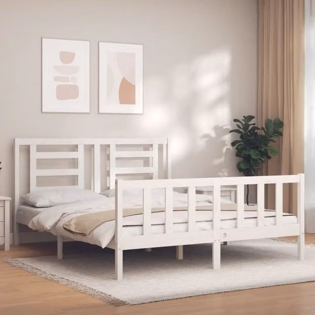 Berkfield Home White Solid Pine Wood Bed Frame with Headboard W/D/H: 160 x 200 cm