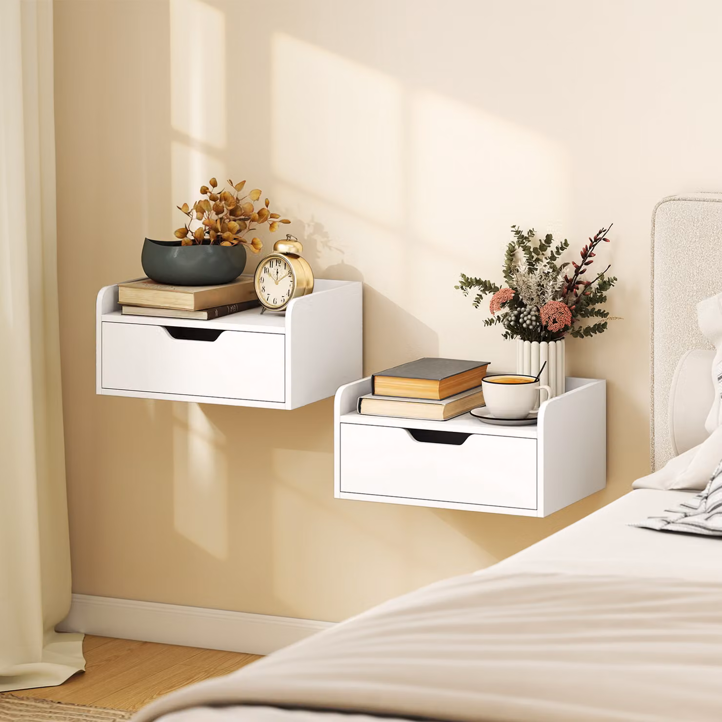 HOMCOM Set of 2 White Wall Mounted Floating Nightstands with Drawer – 2