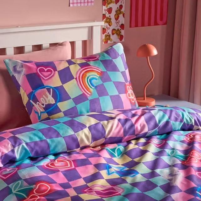 OHS Modern Neon Checkerboard Duvet Cover Set in Multicolour and Blue