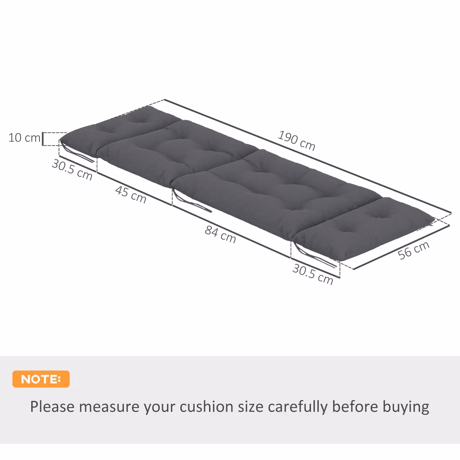Outsunny Set of 2 Dark Grey Sun Lounger Replacement Cushions, W: 190 cm, D: 56 cm, H: 10 cm – 3