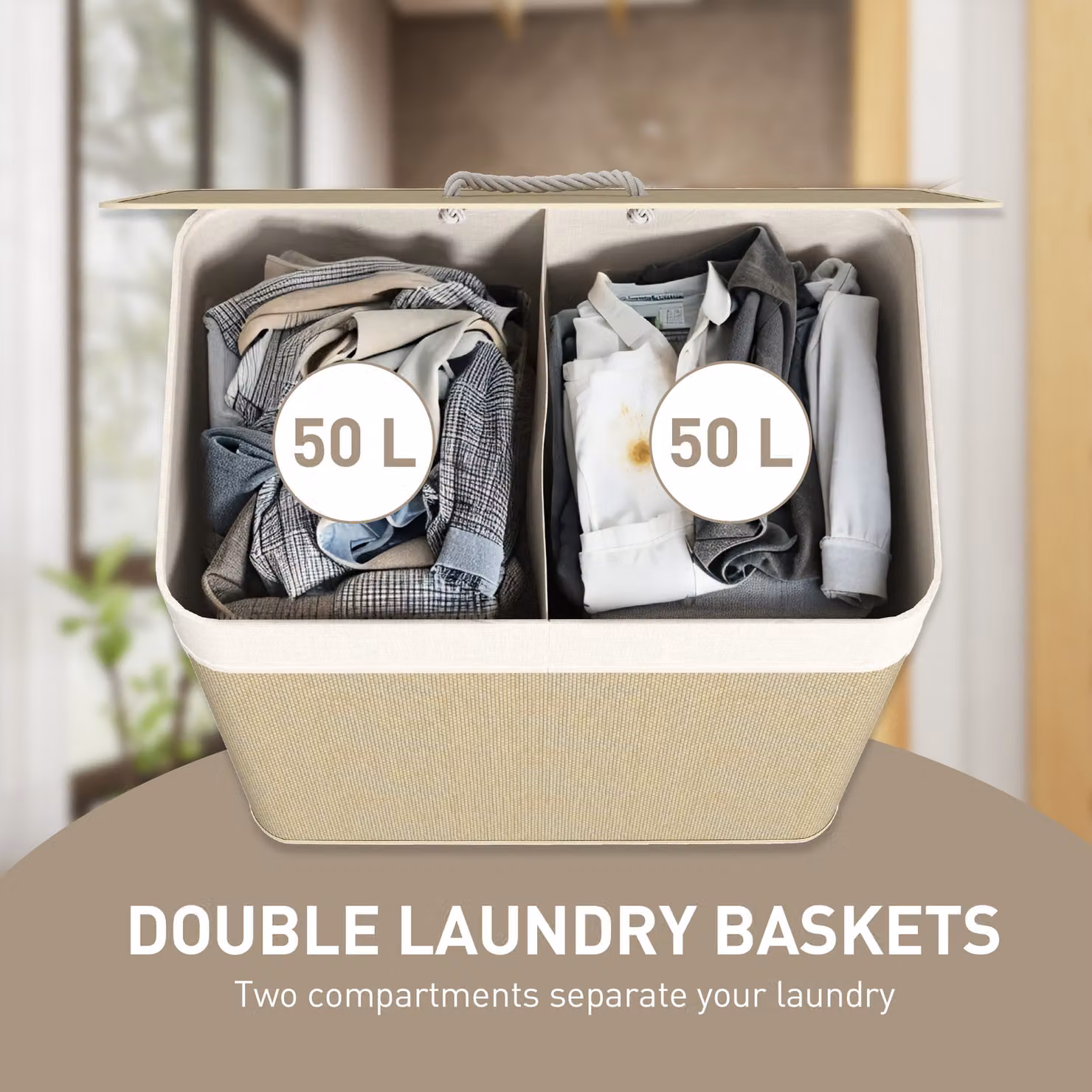 HOMCOM Double Laundry Basket with Lid, 100L Bamboo Hamper with Rope Handles and Removable Liner in Cream White and Beige – 2