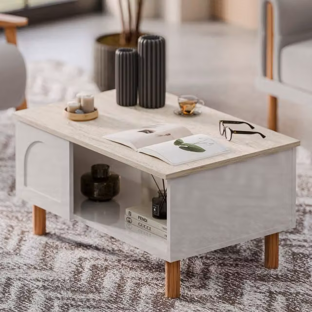 Decorotika Bohem Coffee Table in White and Travertine, W/D/H: 90 x 60 x 31 cm