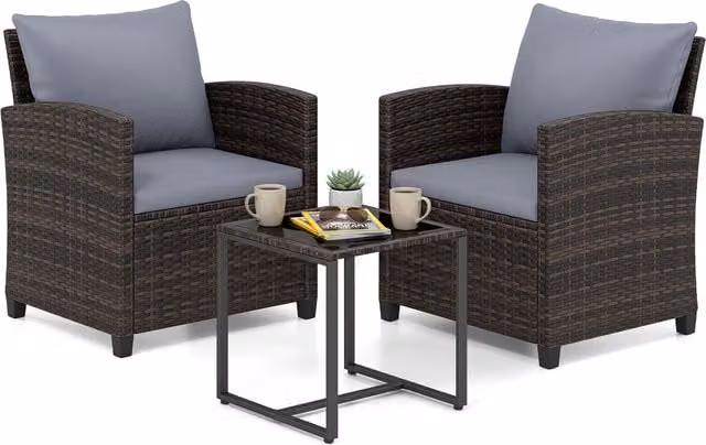 COSTWAY 3 Piece Grey Polyrattan Patio Furniture Set with Upholstered Cushions and Coffee Table