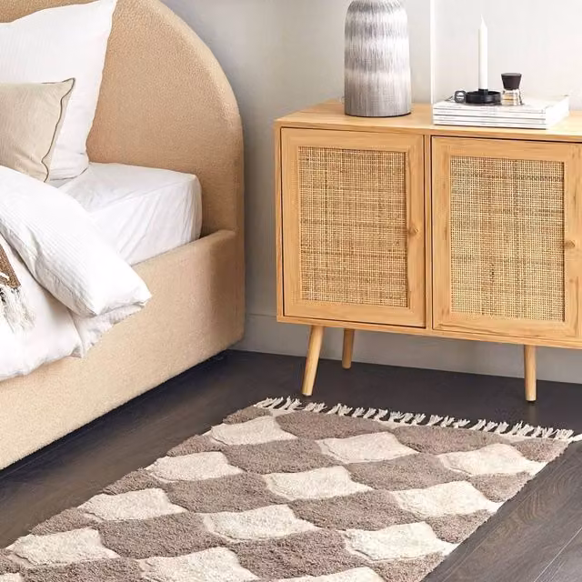 Wyld and Coco Hand-Tufted Geometric Cotton Rug in Beige and Brown with Tassels, W: 80 cm, L: 150 cm
