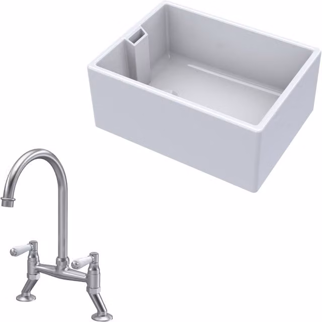 Balterley White Ceramic 1 Bowl Belfast Sink with Brushed Nickel Single Lever Mixer Tap, Width: 615 mm