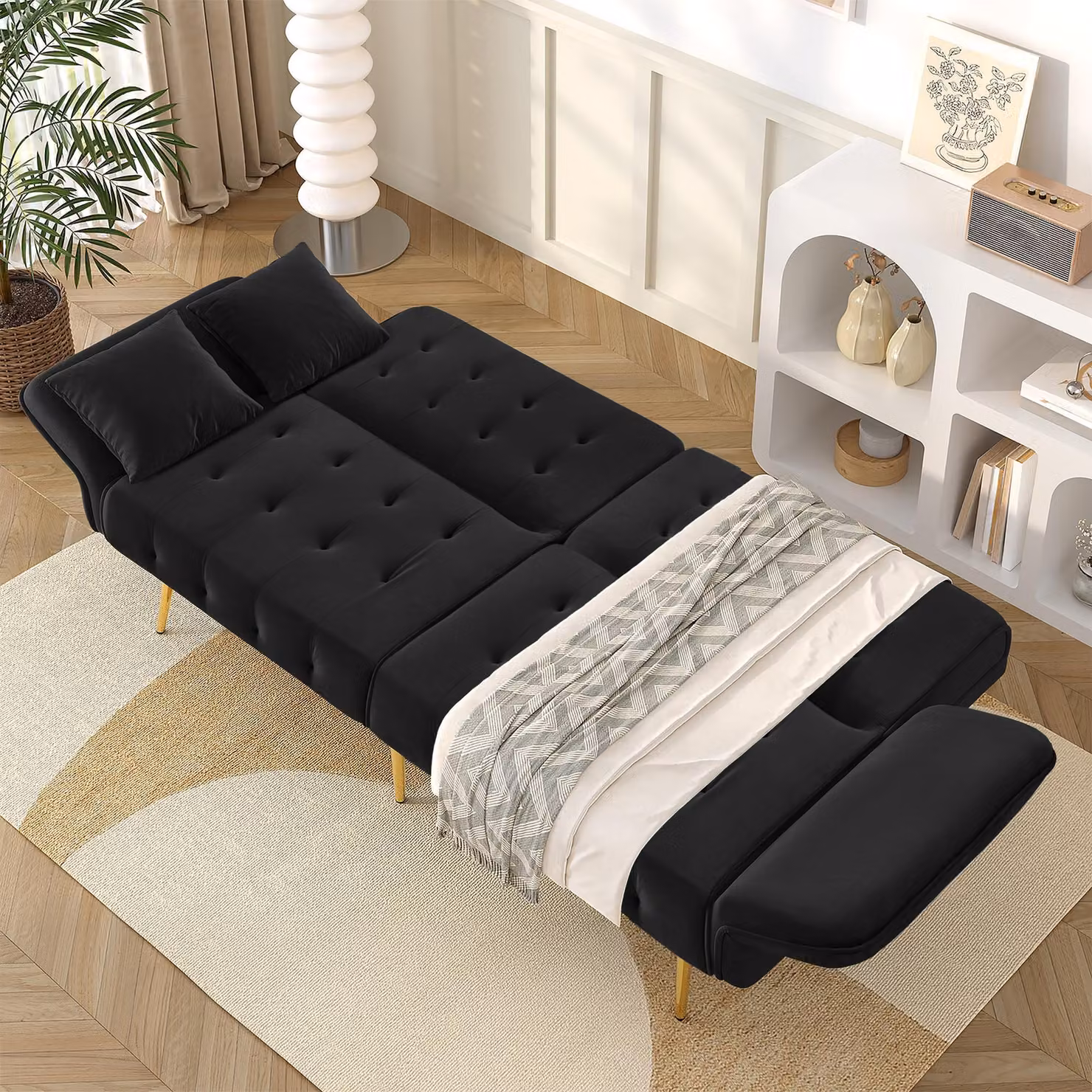 Aosom UK Black Velvet 2-Seater Click-Clack Sofa Bed with Gold Accents, W/D/H: 178 x 82 x 70 cm – 8