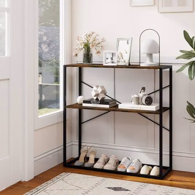 Gymax 2-Tier Industrial Console Table with Wooden Shelves and Metal Frame, Brown – 1