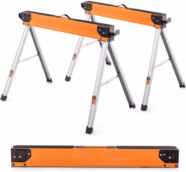 Gymax Set of 2 Portable Folding Sawhorses with Flip-down Pegs in Orange