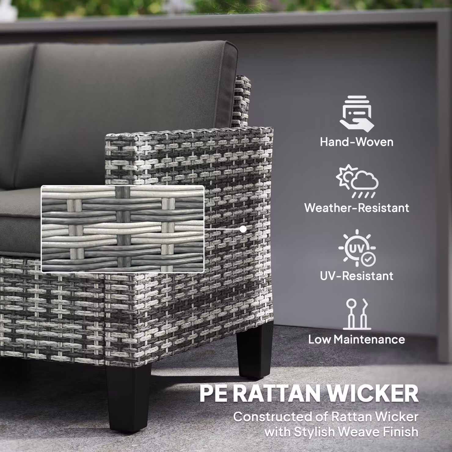 Outsunny Two-Seater Rattan Outdoor Sofa in Grey with Upholstered Cushions and Powder Coated Steel Frame – 5