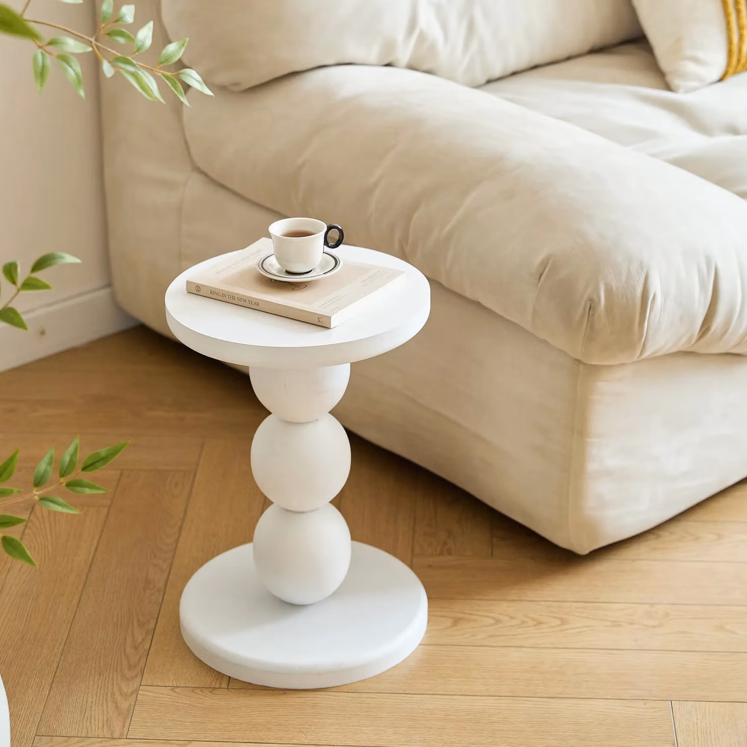 Nordlys Round Wooden End of Sofa Table in White and Brown – 2