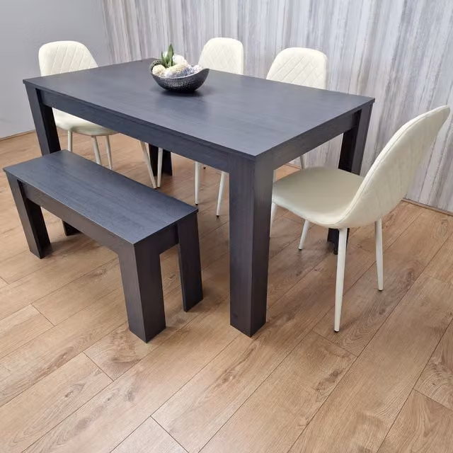 Kosy Koala Grey Rectangular Dining Set with 4 Cream Stitched Chairs and 1 Bench
