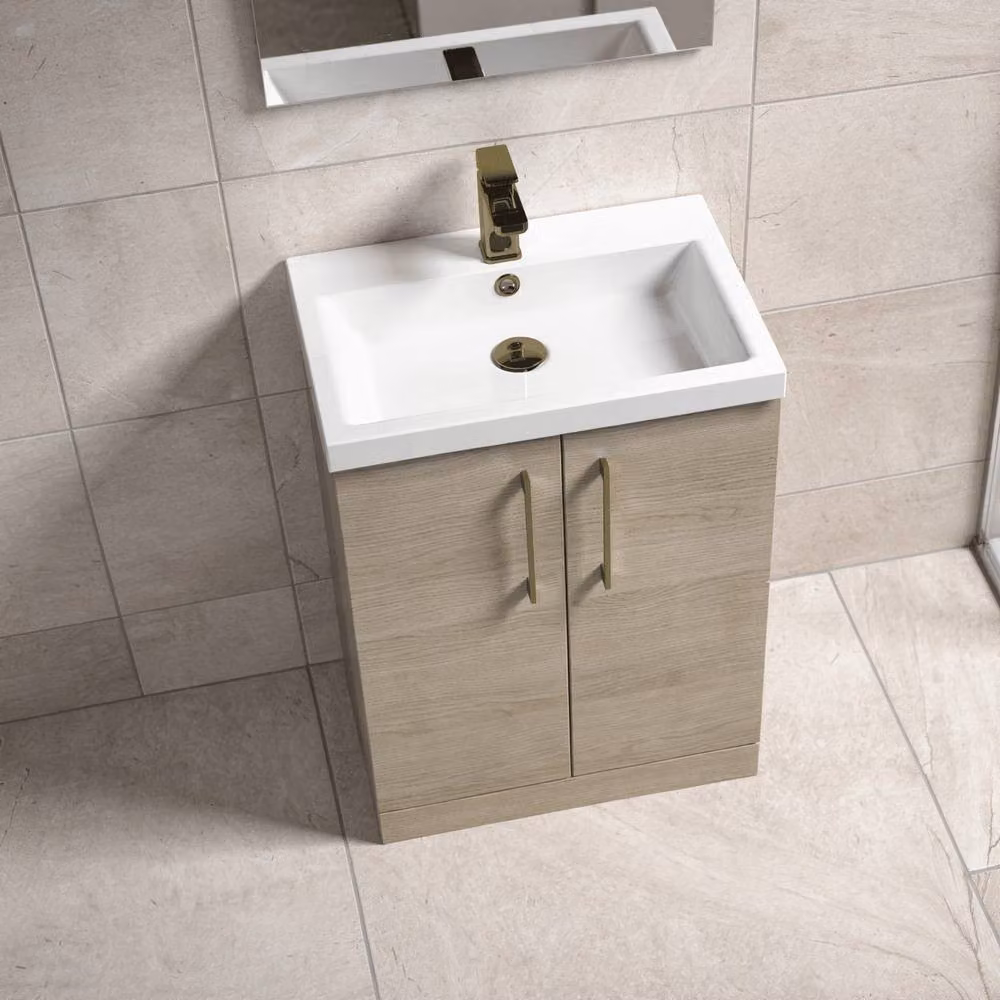 Balterley Contemporary 2-Door Freestanding Bathroom Floor Vanity Basin in Solace Oak Brown, Width: 60 cm – 2