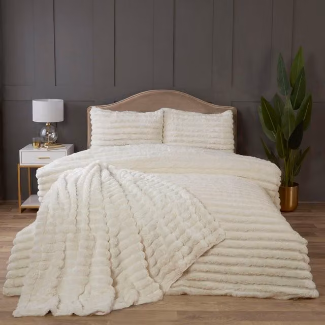 Rapport Home Chunky Ribbed Plush Duvet Cover and Pillowcase Set, White, 180 x 200 cm