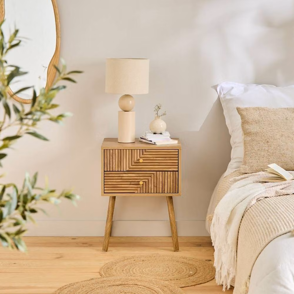 CALICOSY Eden 2-Drawer Bedside Table with Slatted Fronts in Light Brown, W: 39 cm, D: 45 cm, H: 60 cm – 2