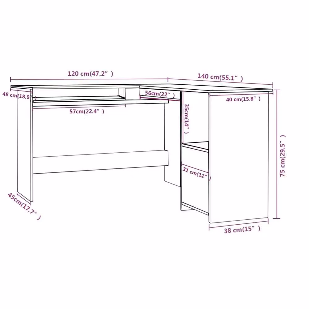 Berkfield Home L-Shaped Corner Desk in Concrete Grey, Engineered Wood, W/D/H: 120 x 140 x 75 cm