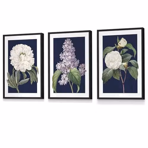 ARTZE Set of 3 Floral Botanical Wall Art Posters in Navy Blue and Black, W: 45 cm, H: 62 cm – 2
