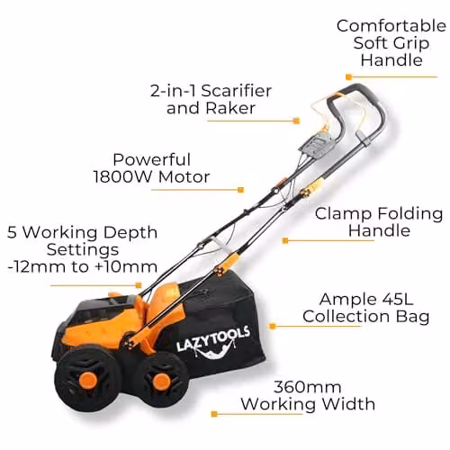 Ark Mat 2 in 1 Electric Lawn Scarifier and Raker, 1800W, 36cm Working Width, 5 Depth Settings, 45L Collection Bag, Orange