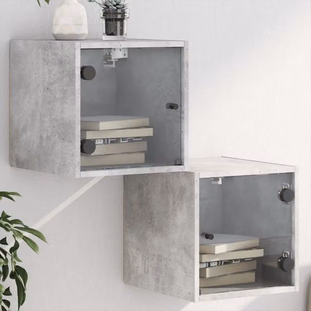Berkfield Home Set of 2 Modern Bedside Cabinets with Glass Doors in Concrete Grey, W/D/H: 35 x 37 x 35 cm – 1