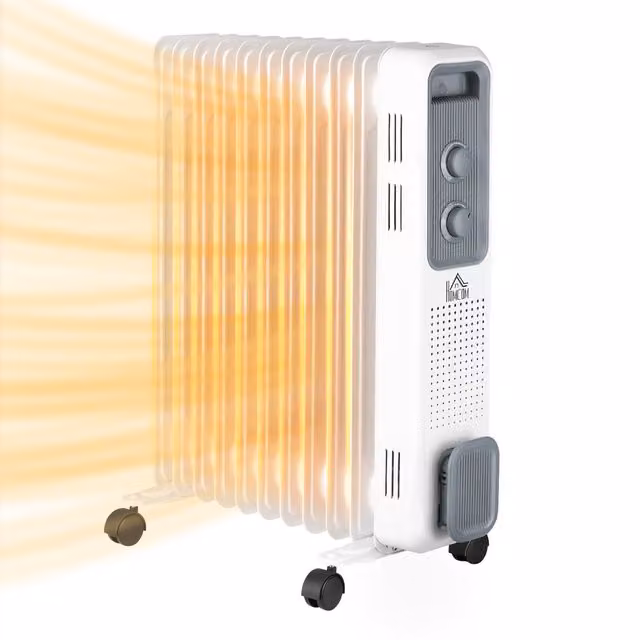 HOMCOM 2720W White Oil Filled Radiator, Portable Freestanding Electric Heater with 3 Heat Settings, Adjustable Thermostat and Safety Protections – 1