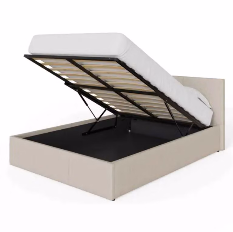 Cheap Furniture Warehouse Small Double Ottoman Bed in Beige Fabric with Lift Up Storage W/D/H: 120 x 200 x 37.9 cm