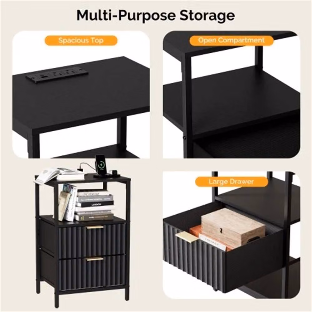 NESTLUNE 2 Drawer Bedside Table Cabinet with Charging Station, Black, W: 60.0 cm, D: 38.0 cm, H: 5.0 cm – 5