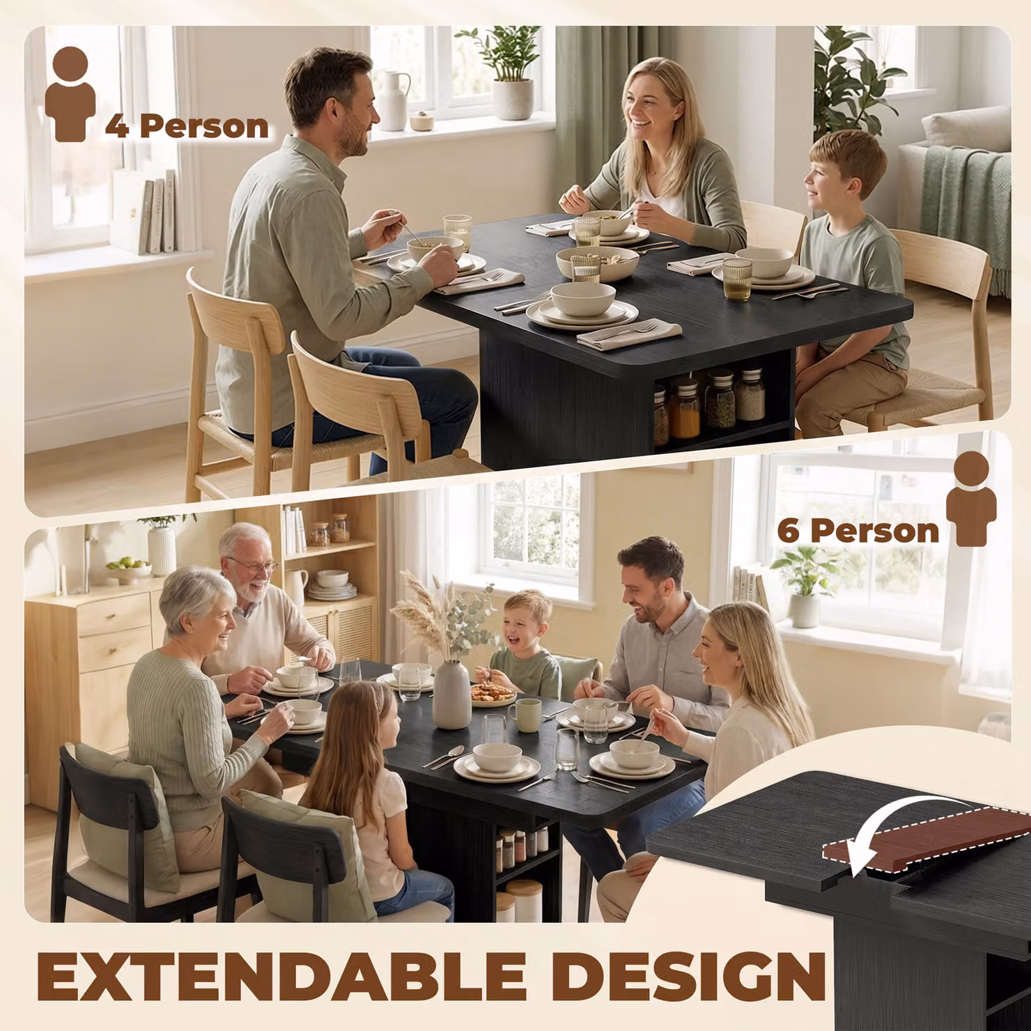 HOMCOM Extendable Rectangular Dining Table in Black with 6 Open Shelves, W/D/H: 110-130 x 70 x 75 cm – 4