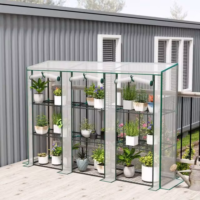 Outsunny 3 Tier White Wall-Mounted Lean-to Mini Greenhouse