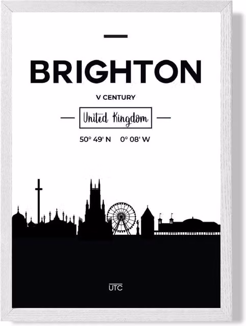 ARTZE Brighton Black and White City Skyline Framed Print, White Frame, A3 – 1