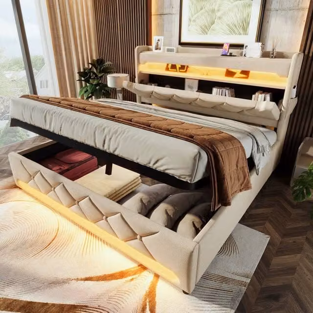 ModernLuxe Upholstered Ottoman Bed in Beige with LED Under-Bed Lighting, USB Charging Port and Storage Headboard, W/D/H: 140 x 200 x 111 cm