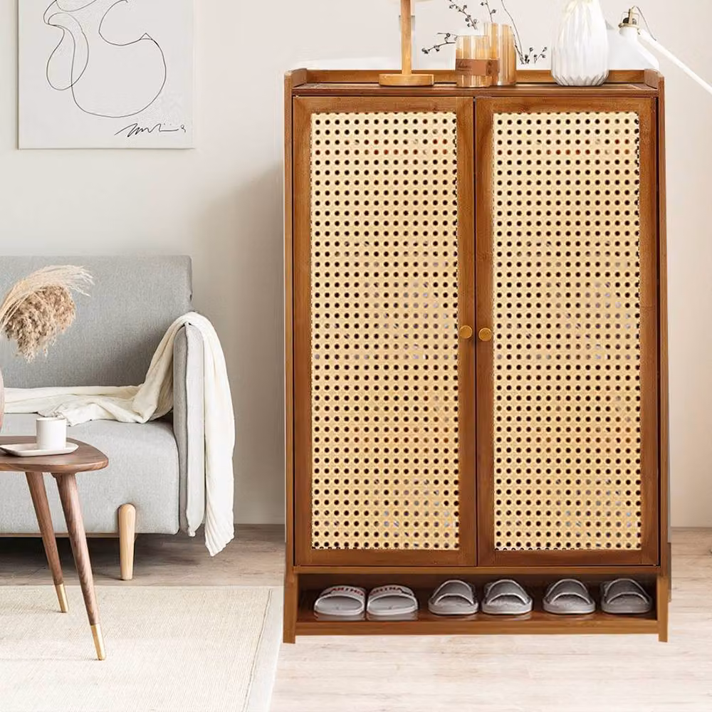 Kelvenix Mid Century Brown Shoe Cabinet with Rattan Doors and Internal Shelves, W/D/H: 94 x 32 x 60 cm – 3