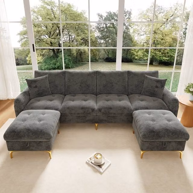 Merax Reversible U-Shaped Modular Corner Sofa in Grey Fabric with 2 Matching Storage Ottomans and Gold Metal Legs – 1