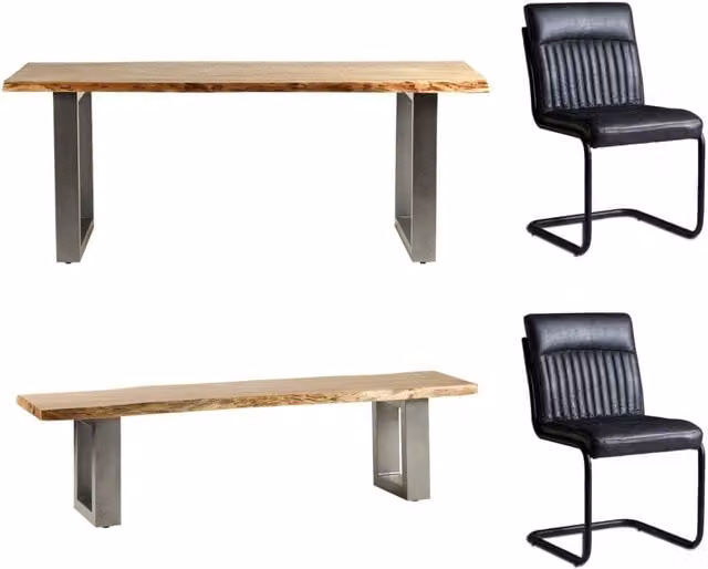 IH Design Acacia Wood Live Edge Dining Table Set with 2 Chairs and 1 Bench in Brown, Black or Grey