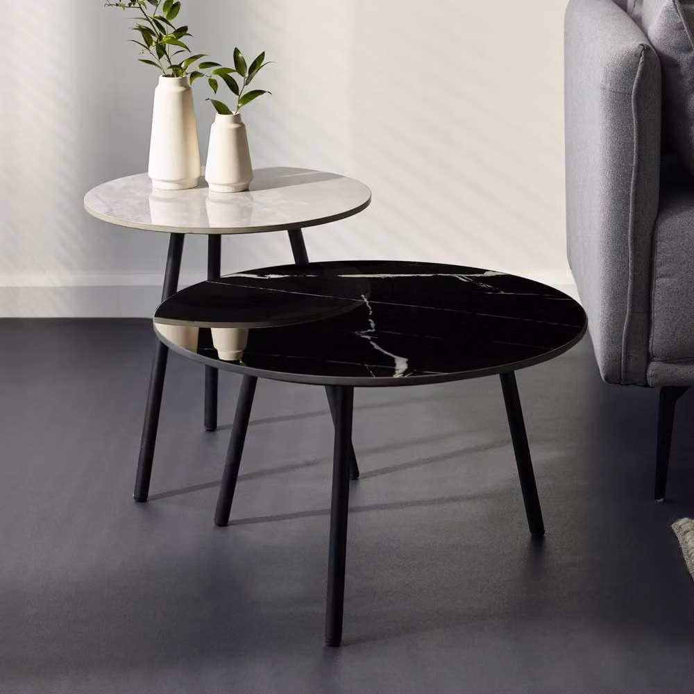 Cheshire Ardmore Set of 2 Modern Round Marble Top Side Tables in Grey and Black – 2