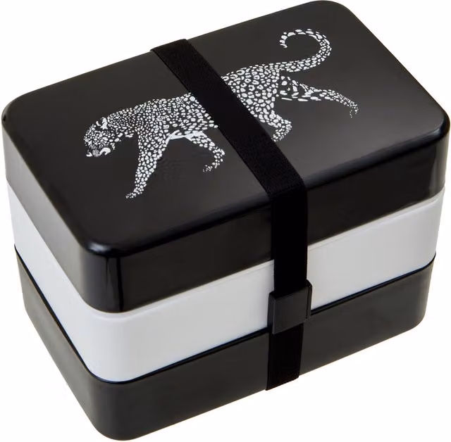 Orsina Grub Tub Leopard Print Lunch Box with Cutlery and Compartments in Black and White