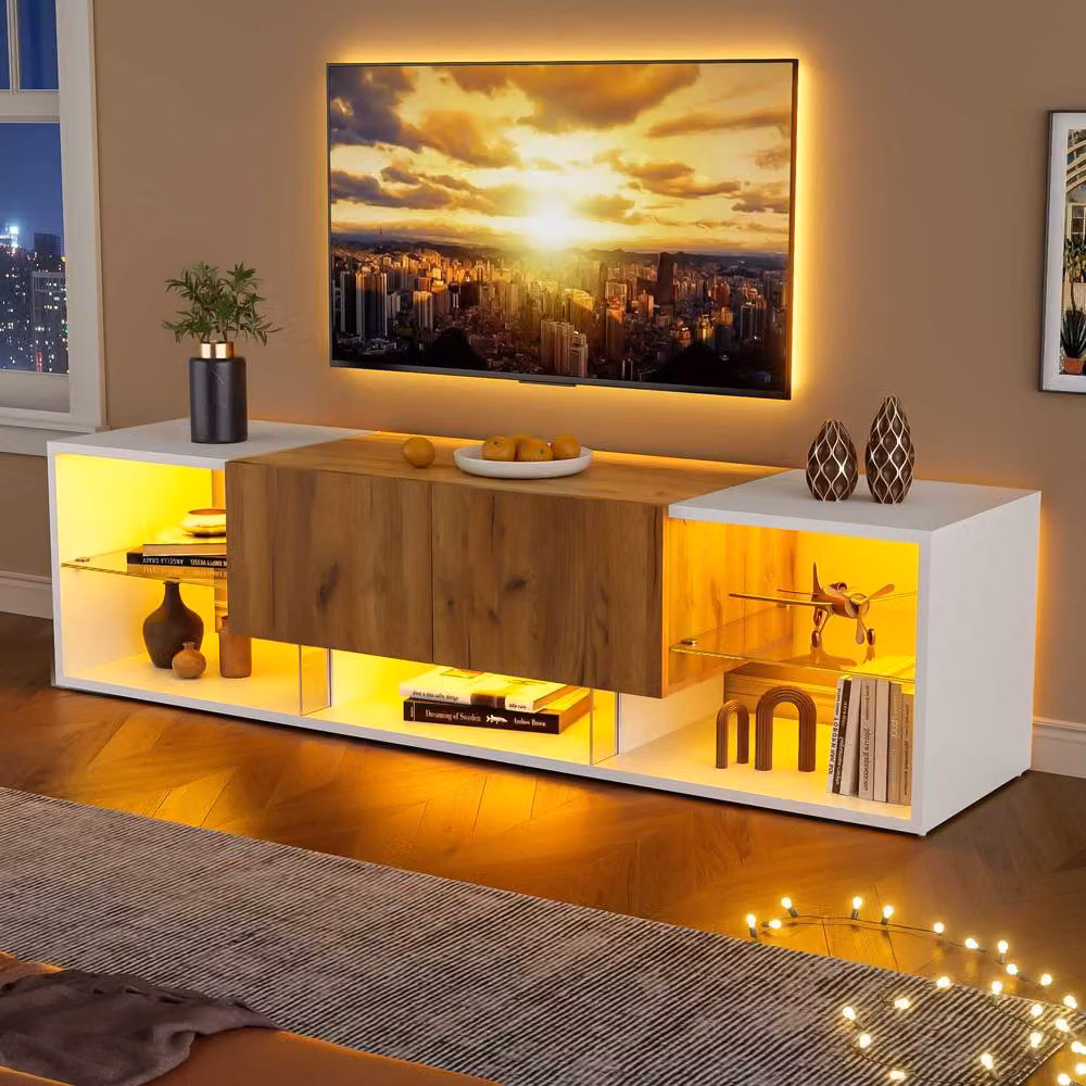STILVORA Modern TV Stand with 2 Drawers and LED, White and Multicolour, W: 160.0 cm, D: 40.0 cm, H: 42.0 cm – 2