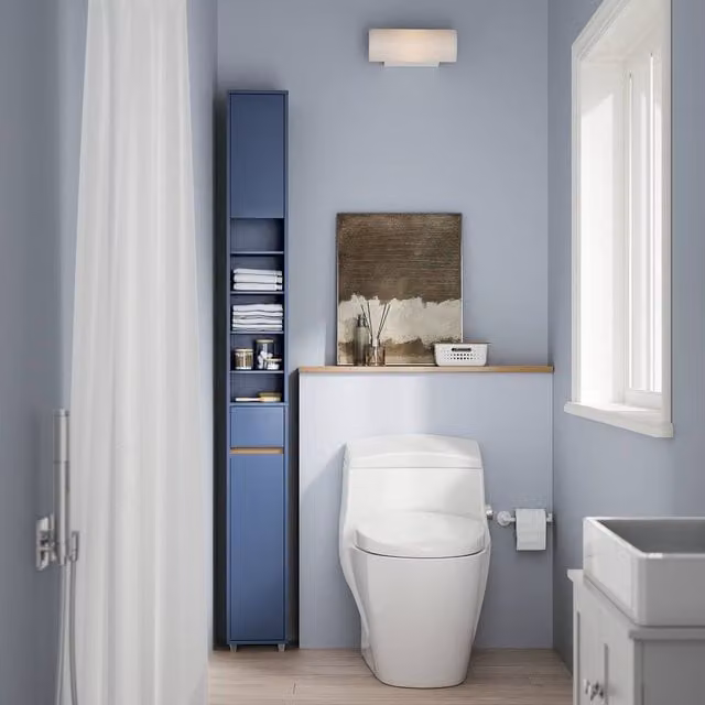 SoBuy Slim Blue Bathroom Tall Cabinet with Soft-Close Hinged Doors and Adjustable Internal Shelves, Height: 180 cm