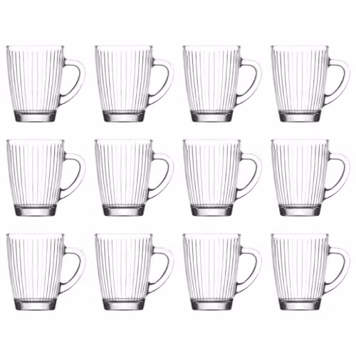 LAV Hestia Geometric Glass Mugs, Clear, Set of 12, 250ml