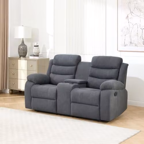 More4Homes Boston 2 Seater Manual Recliner Fabric Sofa with Home Cinema Drinks Console in Grey – 1