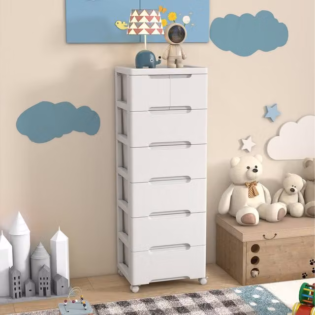 Costway White 6-Drawer Storage Cabinet with Castors and Lock