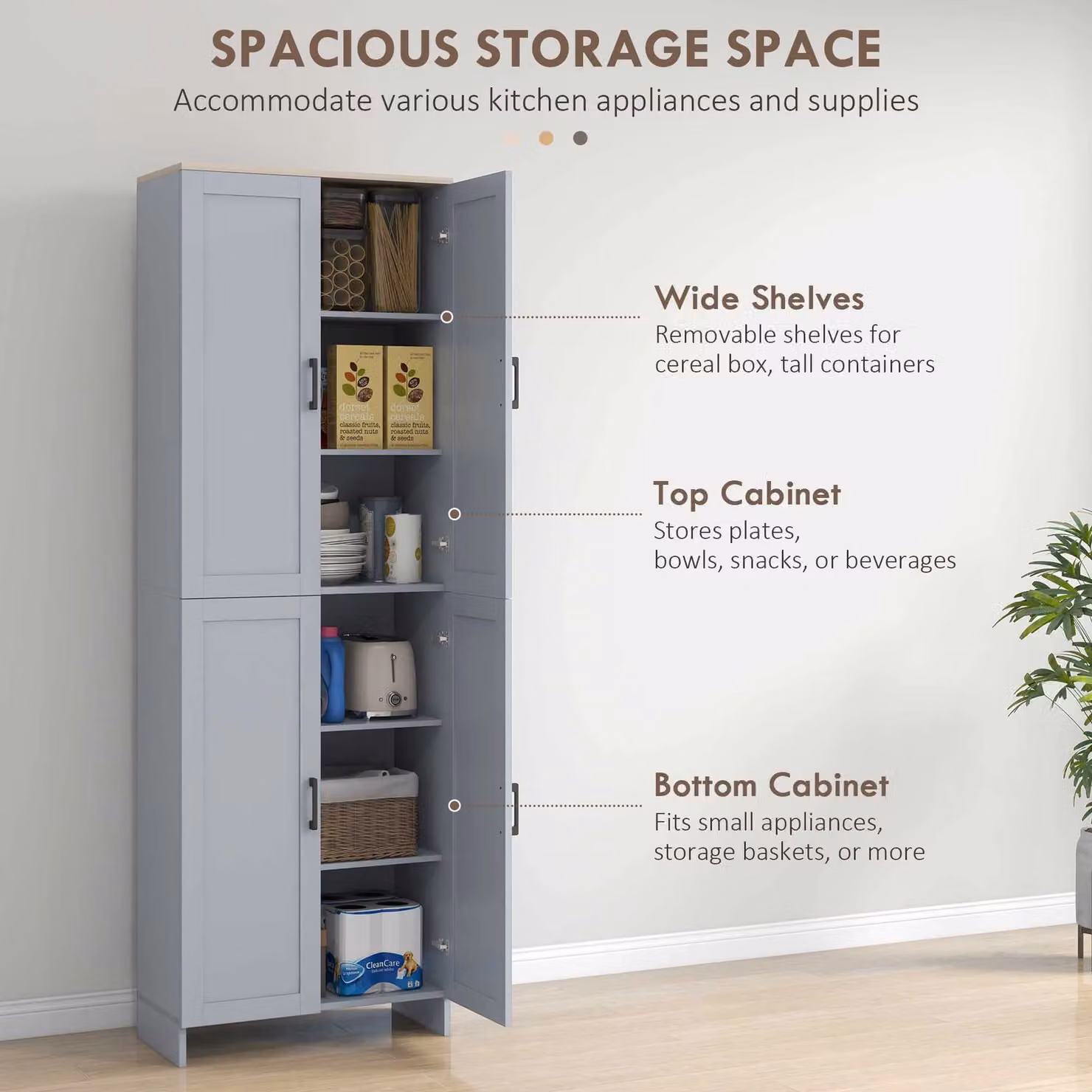 HOMCOM Modern Grey Kitchen Cupboard Storage Cabinet with 6 Shelves and Hinged Doors, H 170.5 x W 60.0 cm – 3