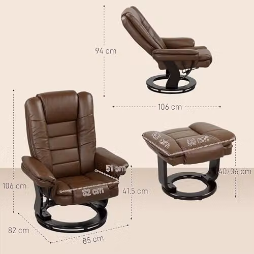 HOMCOM Swivel Manual Recliner Chair and Footstool Set in Brown PU Leather – 3