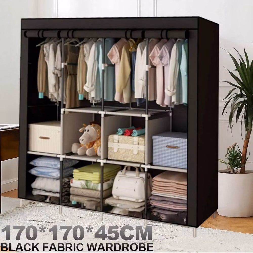 FORGEVIO Large Fabric Canvas Wardrobe in Black with Hanging Rod and Open Shelves – 5