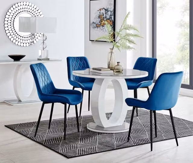 FurnitureboxUK Giovani Round Grey Glass Dining Table and 4 Pesaro Blue Velvet Chairs with Black Legs, Diameter: 100 cm