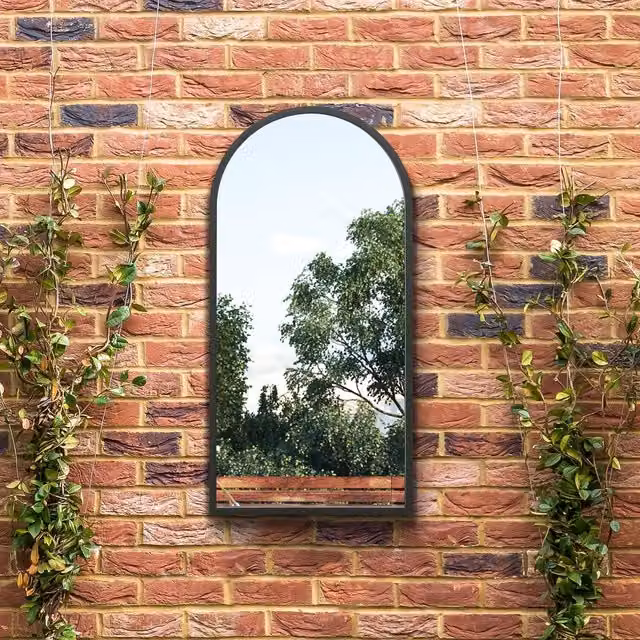 MirrorOutlet The Arcus Metal Framed Arched Garden Wall Mirror in Black, Width: 80 cm