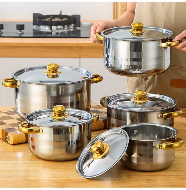 Living and Home 5-Piece Stainless Steel Cookware Set with Metal Lids in Silver