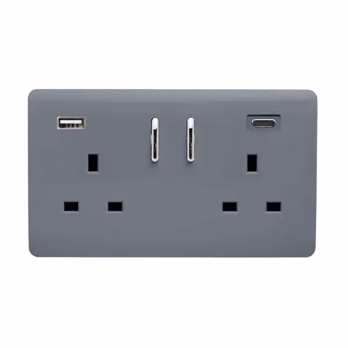 Trendi 2 Gang 13 Amp USB Switched Socket with Type A and C Ports, Grey – 2